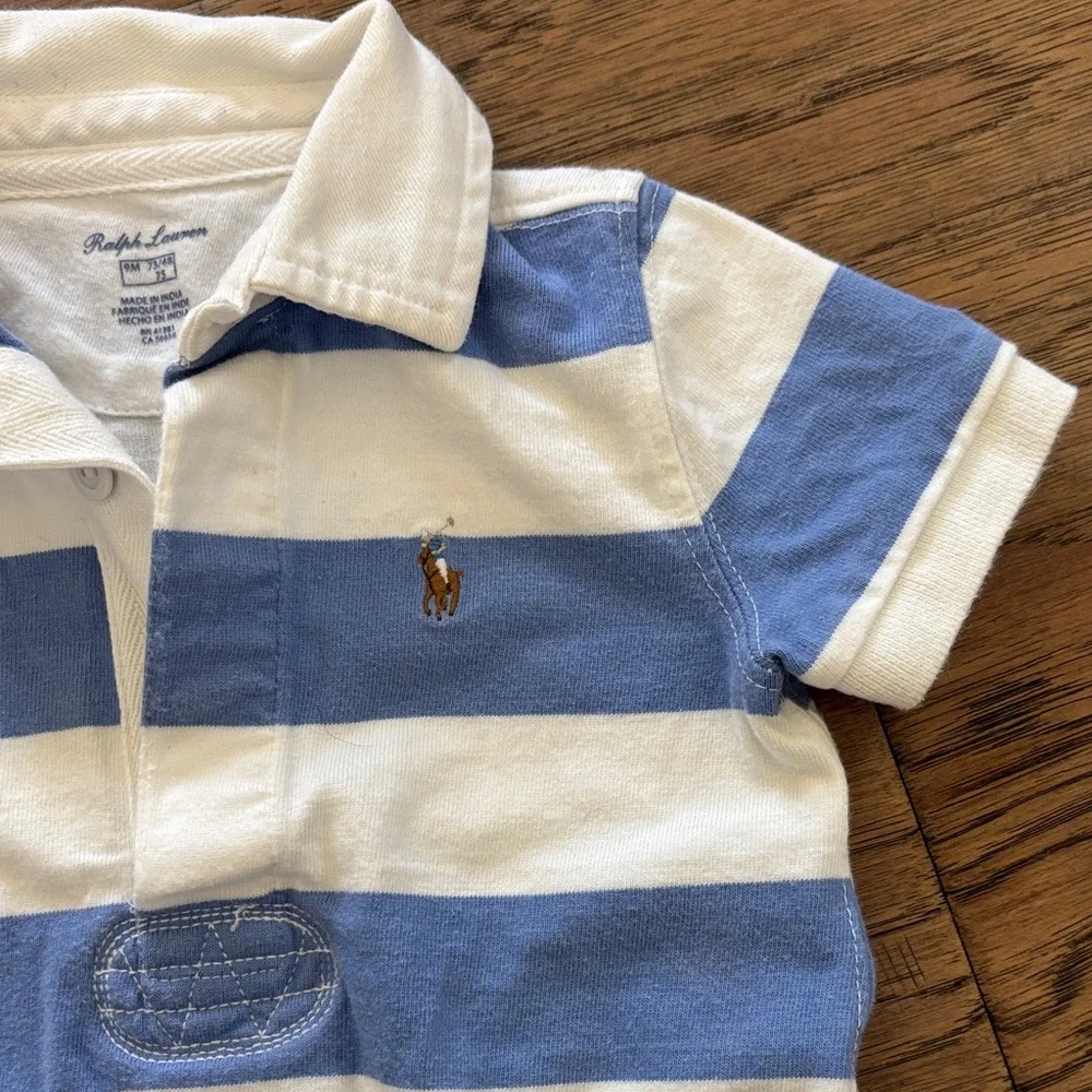Ralph Lauren Blue and Cream Striped Polo Romper